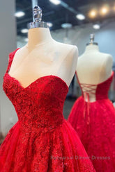 One Shoulder Red Lace Semi Formal Prom Dresses, One Shoulder Red Lace Formal Evening Dresses